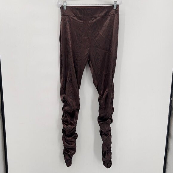 Maniere De Voir High Waisted Ruched Brown Satin Leopard Pants  Women's US 10 - Picture 2 of 13